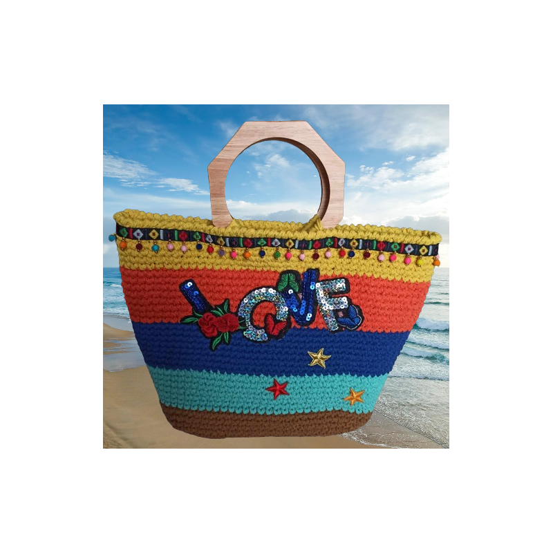 Sac motif Love au crochet en coton macramé multicolore