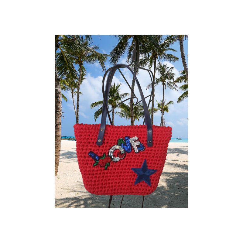 Sac motif Love & étoile au crochet en fil trapilho ROUGE